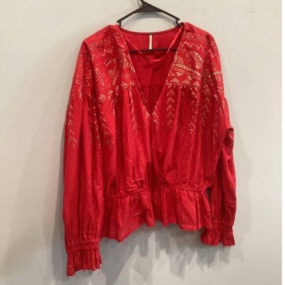 Free People Womens Poet Blouse Size Large Peasant Top Western Red Boho Festival - Picture 2 of 11